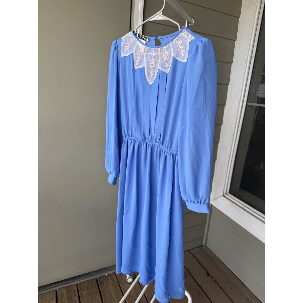 Vintage 70s Monica Richards Blue Chiffon Midi Dress Lace Floral Embroidery Sz 8